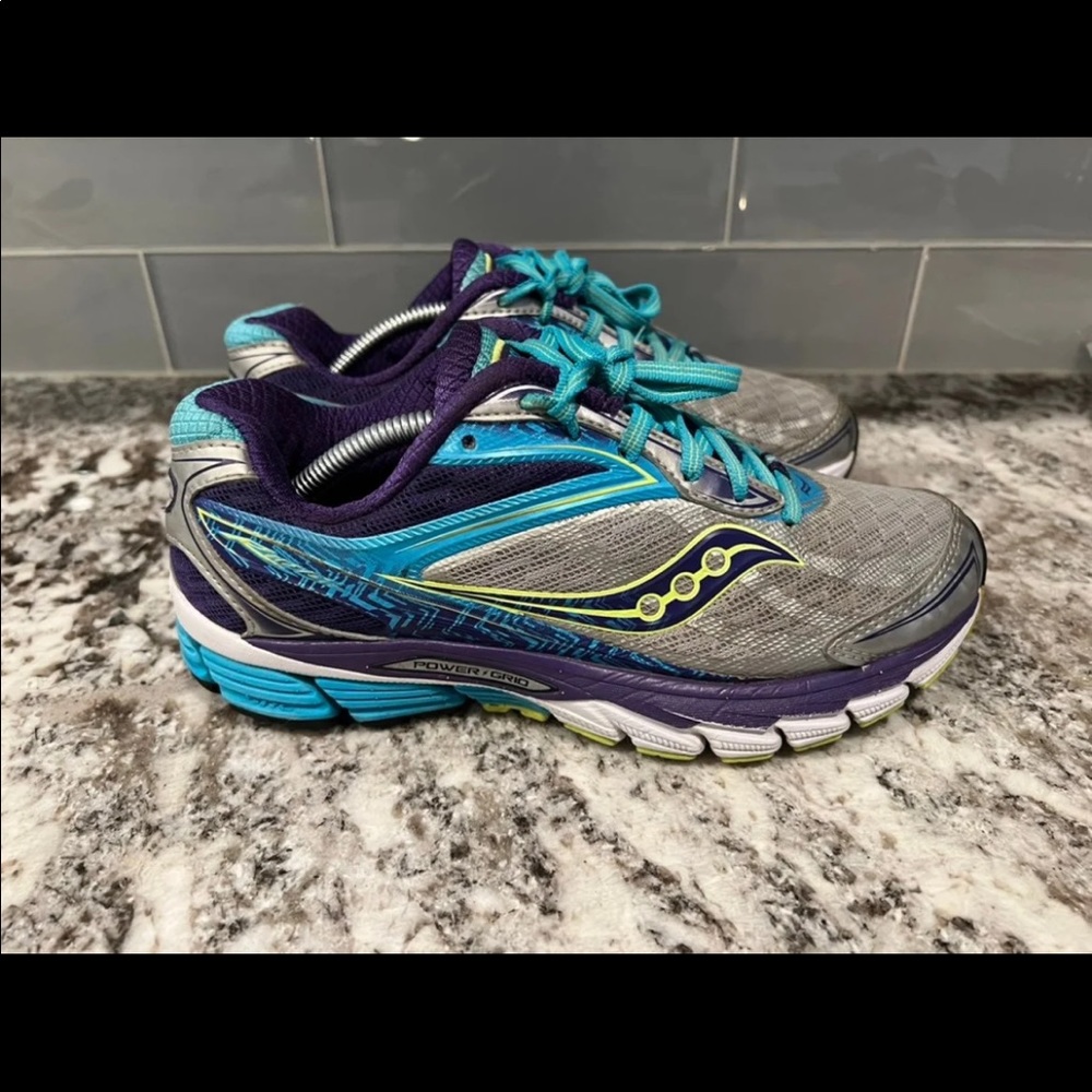 WOMENS SAUCONY Ride X Power Grid COHESION Blue/ Silver Gray Running Shoes Sz 7.5